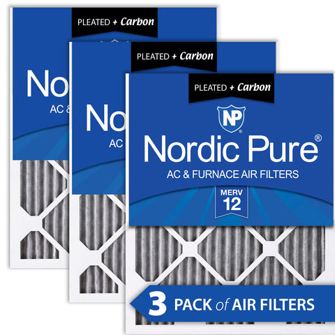 12x25x1 Furnace Air Filters MERV 12 Pleated Plus Carbon 3 Pack